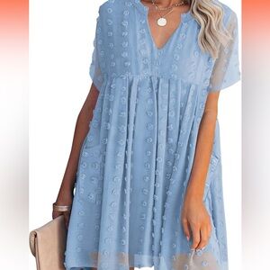 MIHOLL Women's V Neck Short Sleeve Ruffle Loose Summer Flowy Mini Dress